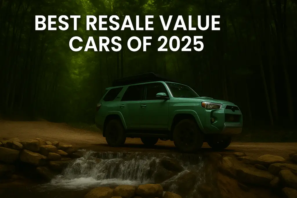 A illustration teal SUV parked on a dirt trail with a waterfall in the foreground, promoting best resale value cars of 2025.