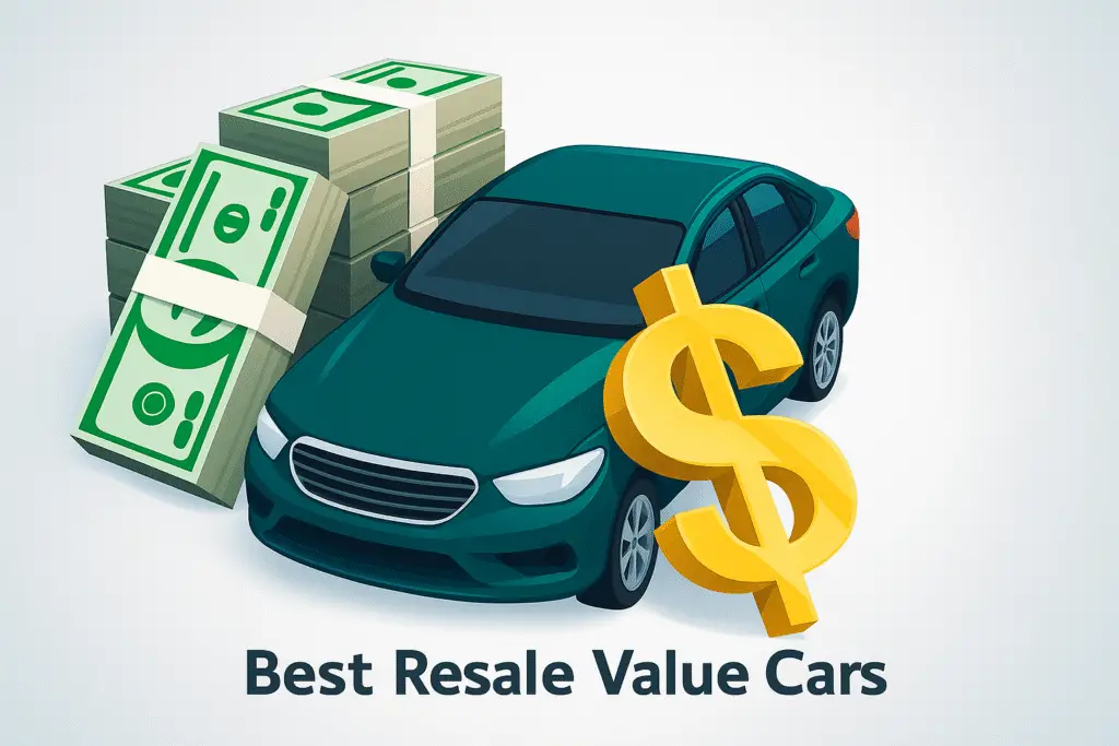 Illustration of a green car with dollar stacks and a large golden dollar sign, representing best resale value cars.