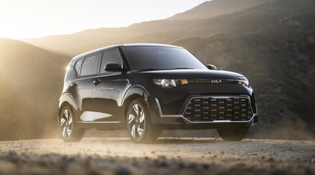 2025 Kia Soul SUV on a dusty mountain road.