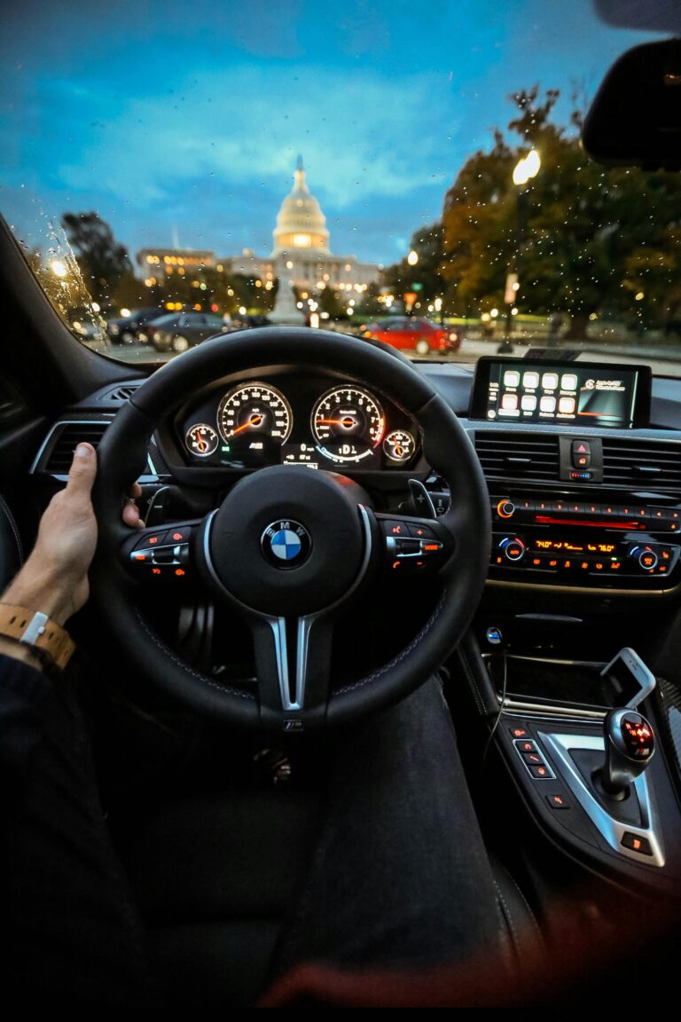 Night view of BMW hybrid SUV interior with digital dashboard and city lights