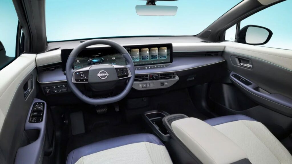 Interior of the 2026 Nissan Leaf with dual-screen dashboard and modern cockpit design