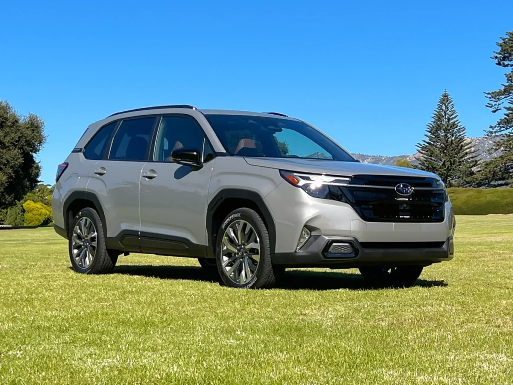 2025 Subaru Forester Hybrid Review the front angle in silver.