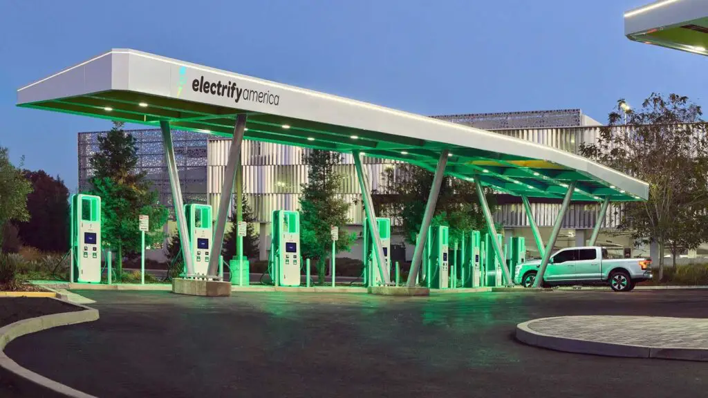A row of modern EV charging stations at a public parking lot, representing the Best EV Charging Networks in USA.
