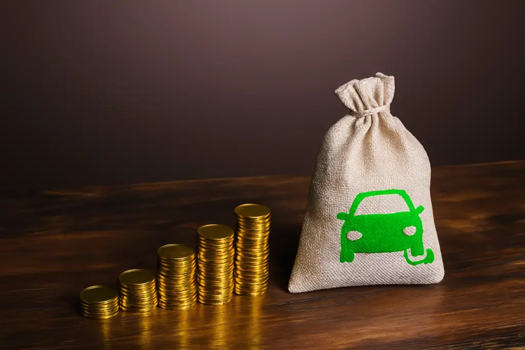 A stack of gold coins beside a money bag with a green electric car icon, symbolizing EV Tax Credit 2025 benefits.