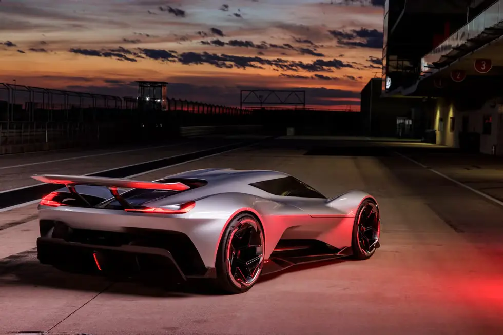 2025 Chevrolet Corvette CX Concept Review rear view with spoiler and LED lights.