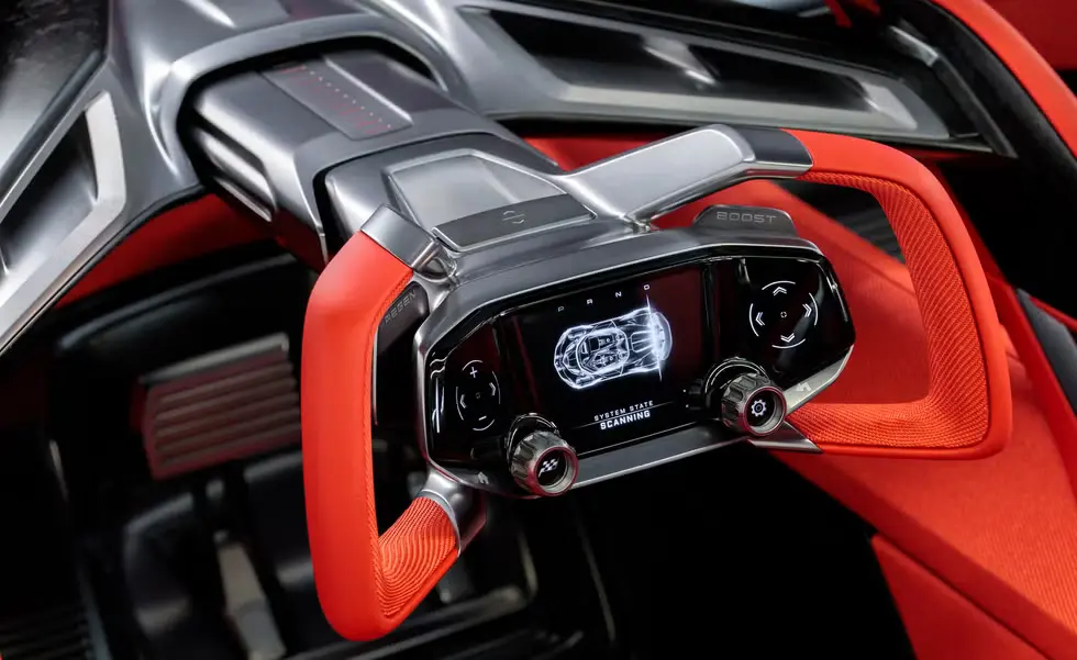 2025 Chevrolet Corvette CX Concept Review interior steering wheel with futuristic digital controls.