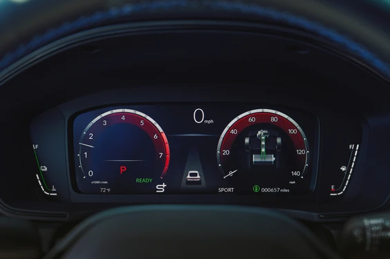 The Honda Prelude 2026 digital dashboard has a modern and easy-to-read display with a speedometer, tachometer, and driving mode.
