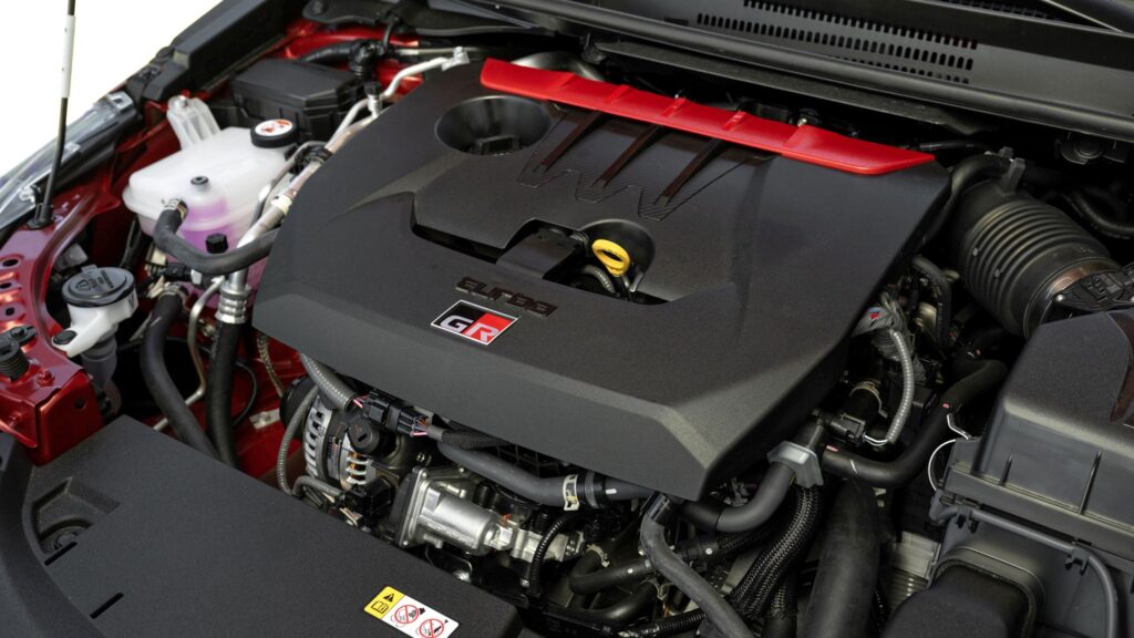 2026 Toyota GR Corolla turbocharged engine close-up with GR logo.