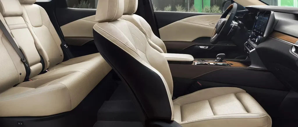 A look inside the Lexus RX 350 shows off its high-end seats, dashboard layout, and materials used in the cabin.