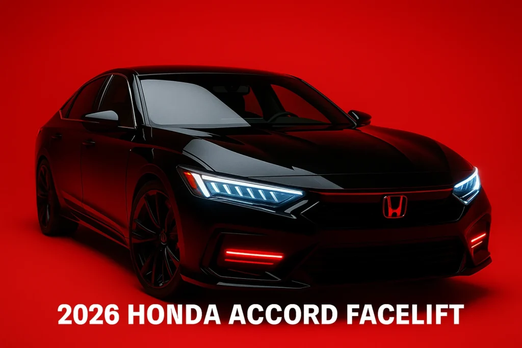 The illustrated image of 2026 Honda Accord Facelift featuring sleek LED headlights, redesigned grille, and sporty black exterior.