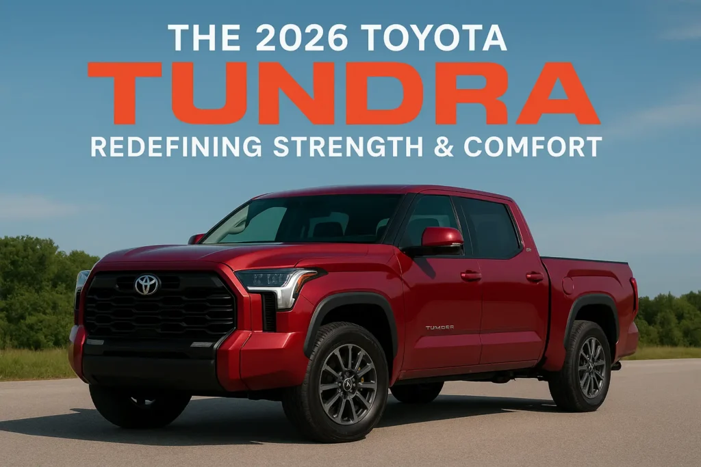 2026 Toyota Tundra in metallic red parked on open road with blue sky, showcasing its bold grille and strong design